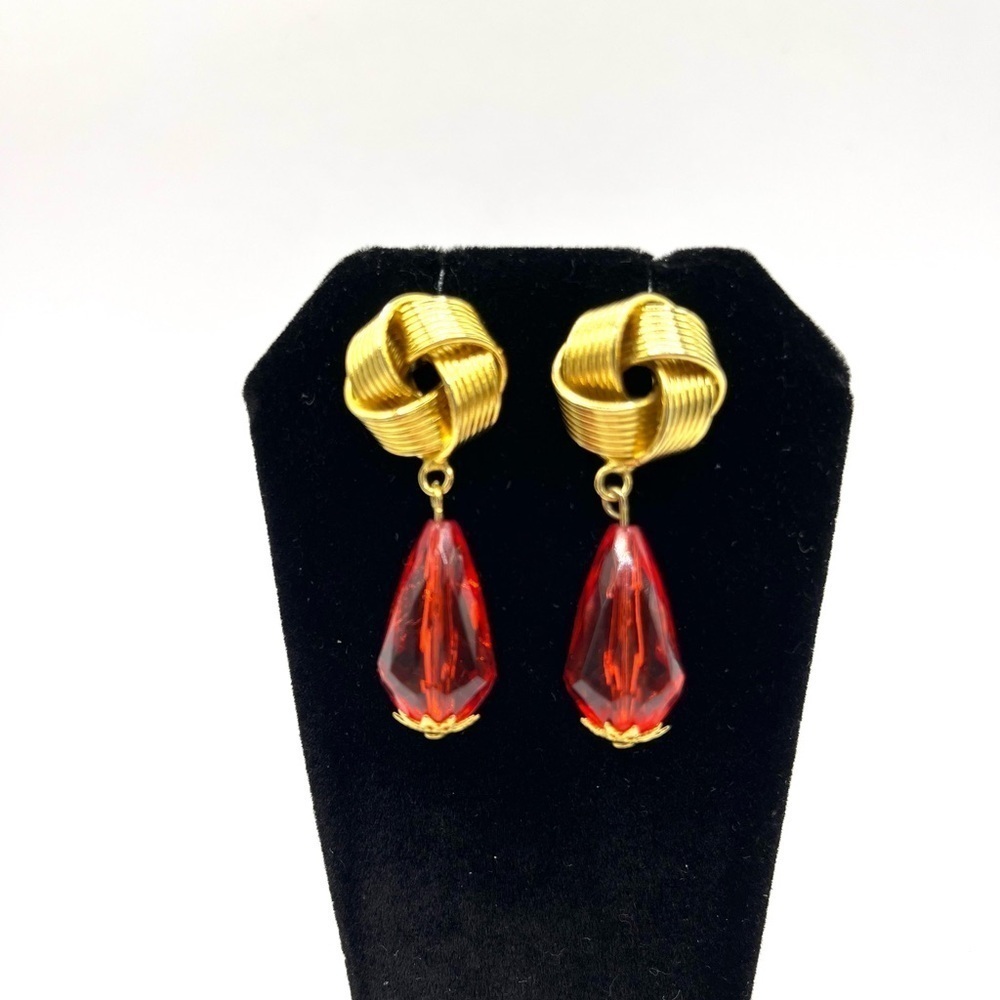 Love Knot Earrings with Red Clear Dangling Beads Gold Tone Earrings ❤️